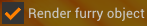Screenshot from FurkMark2 x64. It shows an orange tick (check) on a dark background on the left, with white text above a light-orange furry background on the right, reading "Render furry object"